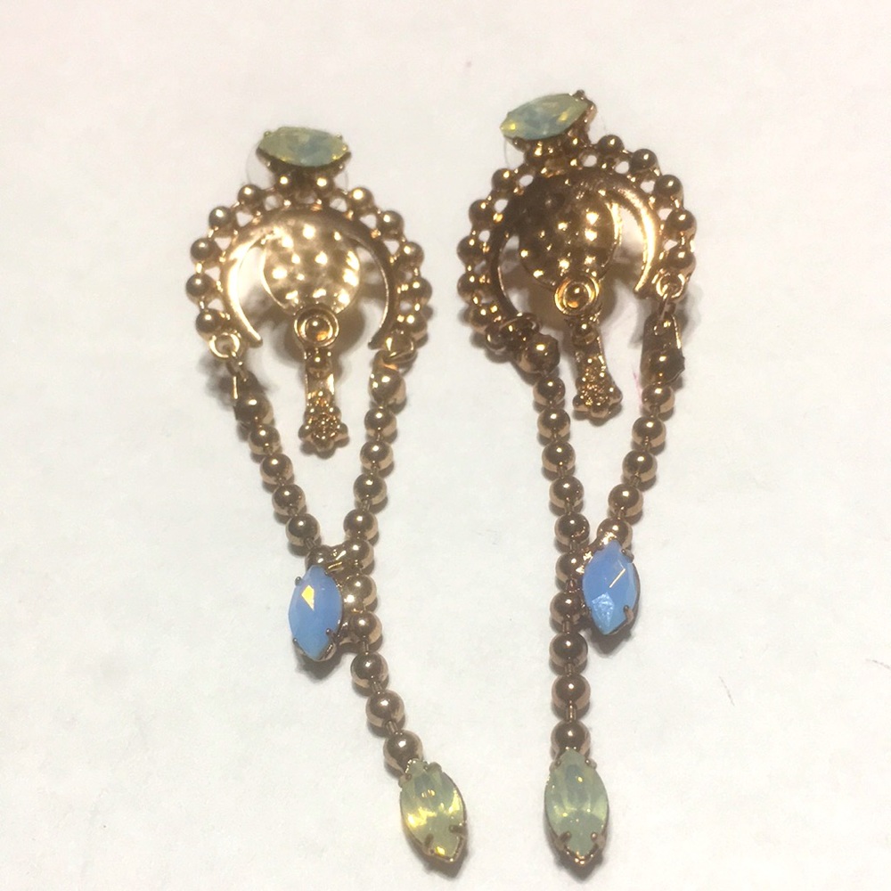 Rose gold tribal gypsy long pierced retro rhinestone Art Deco WWII earrings